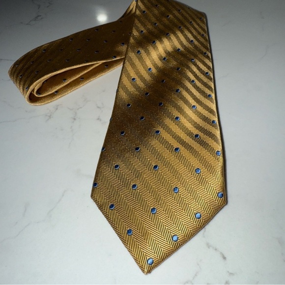 Jos. A. Bank Heritage Collection Gold and Blue Polka Dot 100% Silk Tie - Picture 2 of 8